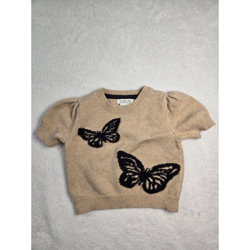 Rachel‎ Zoe Girls Tan Butterfly Puff Short Sleeve Knit Sweater Size XS 4 4